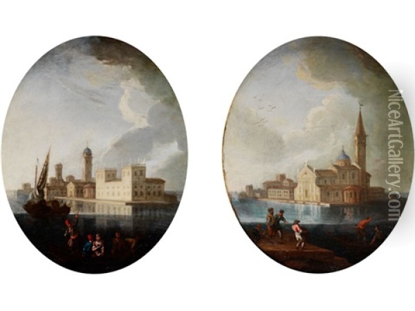 Blick Auf Eine Venezianische Insel Mit Palazzo Sowie Blick Auf San Giorgio Maggiore (pair) Oil Painting - Domenico Pecchio