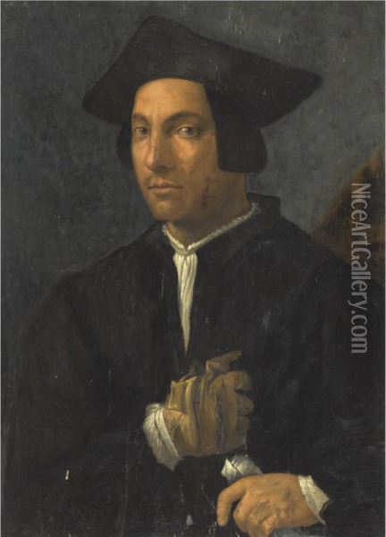 Portrait Of A Gentleman, Half-length, Wearing A Black Jacket Andhat, And One Glove, And Holding A Letter Oil Painting - Francesco Franciabigio