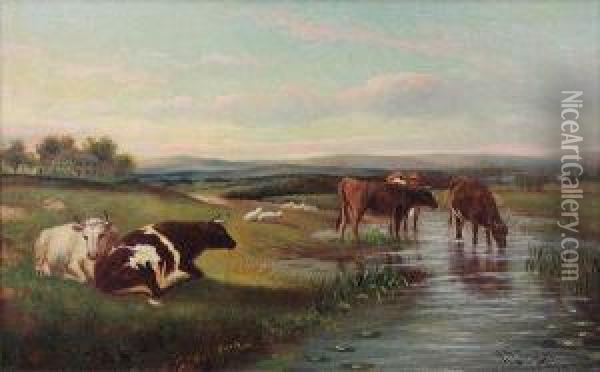 Cows By A Stream Oil Painting - Hugh Bolton Jones