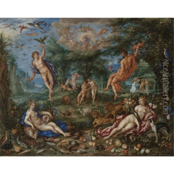 The Four Elements, With Scenes From Genesis Beyond Oil Painting - Denis van Alsloot