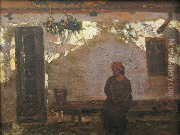 Sitting On The Bench Oil Painting - Octav Bancila