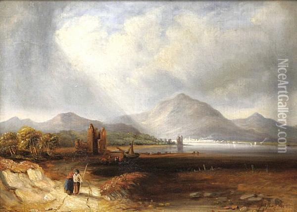 Figures In Highland Landscape Oil Painting - Alfred Powell