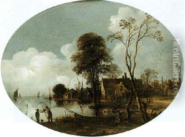 River Landscape, With Fisherman In The Foreground, Boats Sailing On The Estuary Beyond Oil Painting - Aert van der Neer