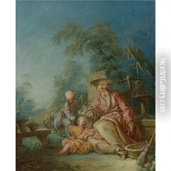 Figures In Oriental Dress Seated In A Garden Oil Painting - Jean Baptiste Pillement