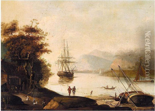 Estuary Scene With Fisherman And A Man-o-war At Anchor Oil Painting - John Jenkinson
