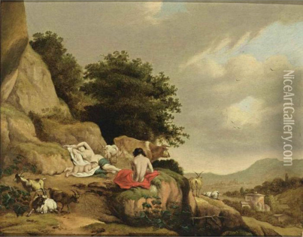 An Arcadian Landscape With A 
Nymph And A Shepherd Resting, Together With Goats And A Cow, A Village 
In The Distance Oil Painting - Cornelis Van Poelenburch