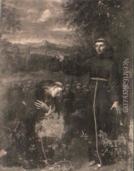 Saint Francis Of Assisi Blessing A Monk Oil Painting - Benedetto Gennari the Elder
