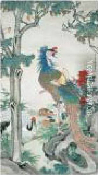One Hundred Birds Worshipping The Phoenix Oil Painting - Zhao Shuru