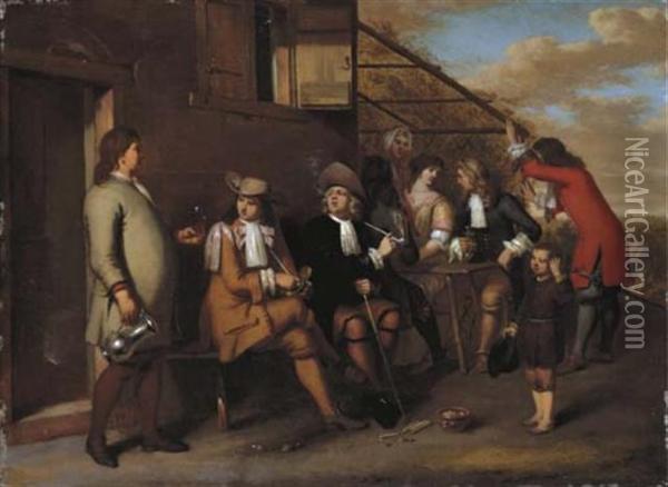 Elegant Company Smoking And Drinking Outside An Inn Oil Painting - Gerard Hoet