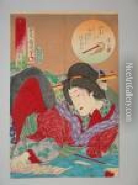 Une Jeune Femme Allongee Lit Une Lettre Oil Painting - Toyohara Kunichika