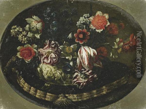 Tulips, Dahlias, Narcissi And Other Flowers Ina Classical Urn On A Velvet Fringed Cushion Oil Painting - Mario Nuzzi Mario Dei Fiori