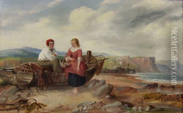 Beach Scene With Young Fisherfolk By Afishing Boat With Cliffs To Background Oil Painting - George Houston