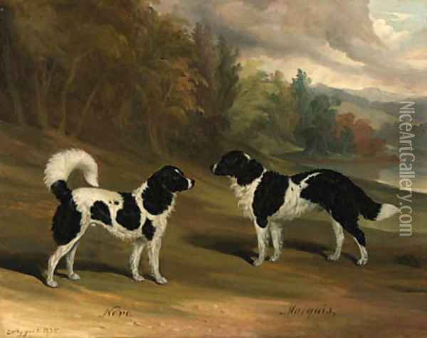 Nero and Marquis, two Landseer newfoundlands, in a wooded lake landscape Oil Painting - David of York Dalby