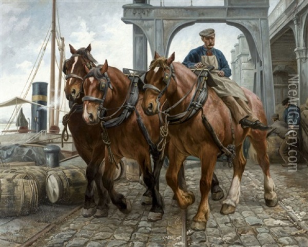 Antwerp Harbour Horses Oil Painting - Jef Louis Van Leemputten