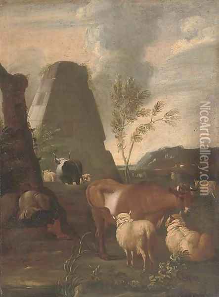 A drover resting by his cattle, a pyramid beyond Oil Painting - Johann Heinrich Roos