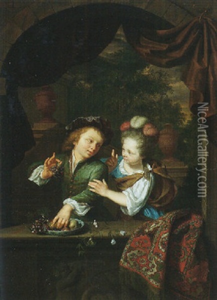 A Young Boy Taking Fruit From A Blue-and-white Porcelain Bowl And A Girl Rebuking Him Oil Painting - Arnold Boonen