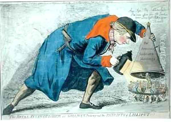 The Royal Extinguisher or Gulliver Putting Out the Patriots of Lilliput Oil Painting - James Gillray