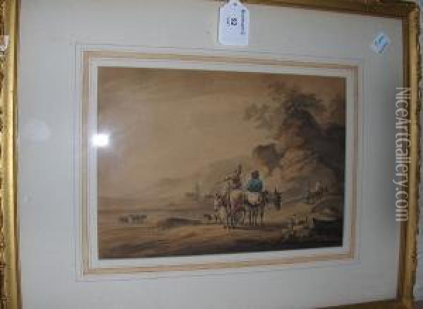 Travellers With Donkeys On A Path, Signed Anddated 1799 Oil Painting - Peter La Cave