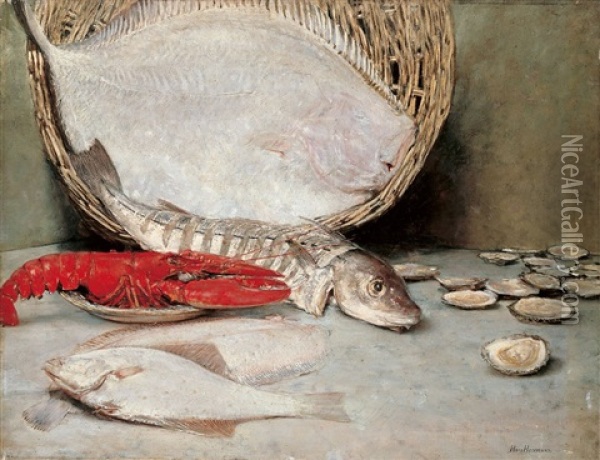 Stillleben Mit Fischen, Austern Und Hummer Oil Painting - Hans Herrmann