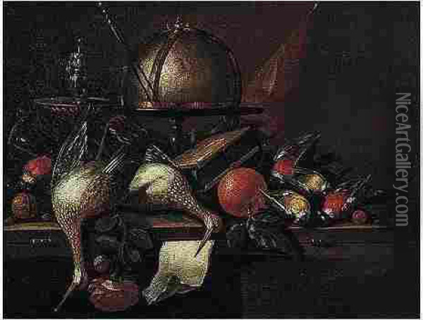 Still Life Of A Globe, A Candlestick, Birds, Hour Glass, Nuts, An Orange And A Rose, Arranged Upon A Wooden Table Top Oil Painting - Petrus Schotanus