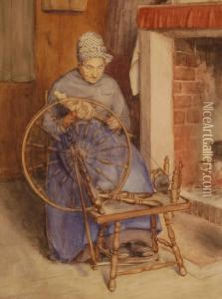 Woman At Spinning Wheel Oil Painting - Robert J. Wickenden