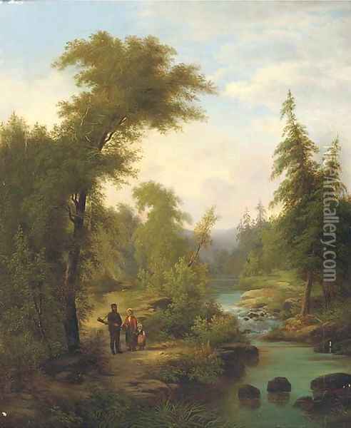 A family on a riverbank in a wooded landscape Oil Painting - Josef Thomas