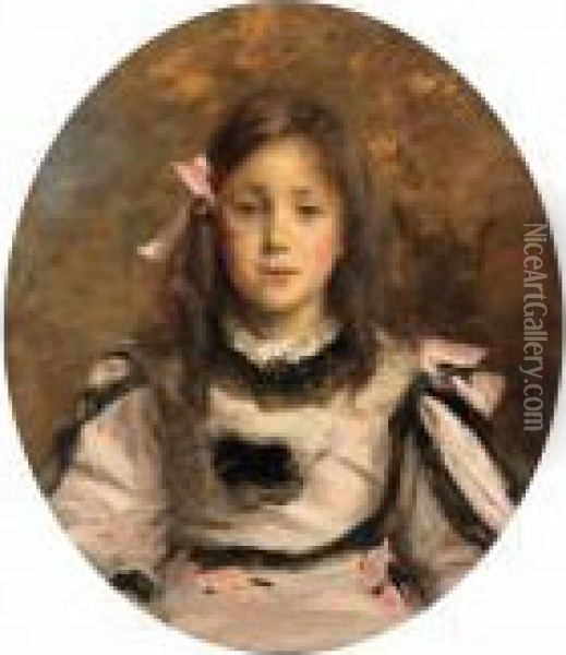 Portrait De Fillette Au Noeud Rose Oil Painting - Jacques-Emile Blanche