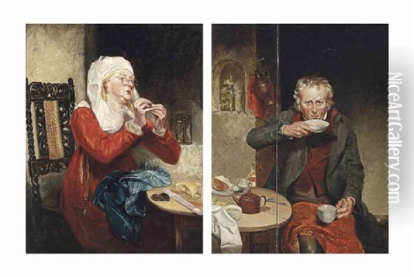 Tea Time; And The Fine Thread (pair) Oil Painting - Michael William Sharp