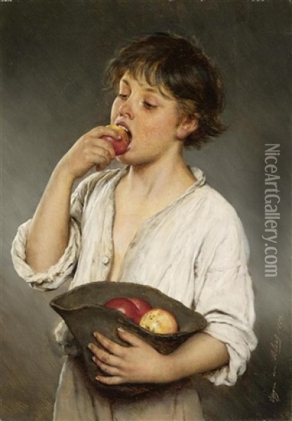 Knabe Beim Essen Eines Apfels Oil Painting - Eugen von Blaas
