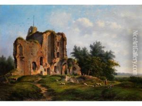Junge Hirtin Mit Schafen Vor Einergrossen Antiken Ruine Oil Painting - Pieter Gerardus Van Os