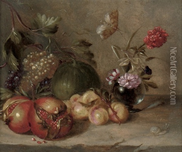 Pomegranates, Grapes, Peaches And A Melon, With Peonies In A Glass Vase On A Stone Ledge Oil Painting - Abraham Brueghel