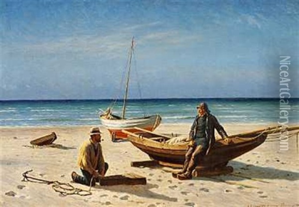Strandparti Fra Lonstrup Med Fiskere Ved Deres Bade Oil Painting - Niels Frederik Schiottz-Jensen