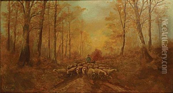 Herder Met Zijn Kudde In Een Bosdreef. Oil Painting - Paul Henry Schouten