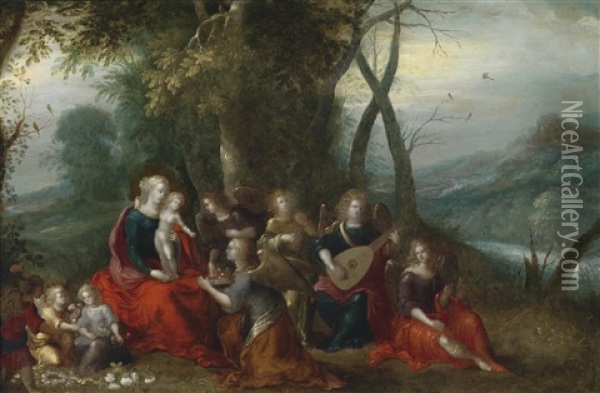 Landschaft Mit Maria Mit Dem Kind Und Engeln Oil Painting - Louis de Caullery