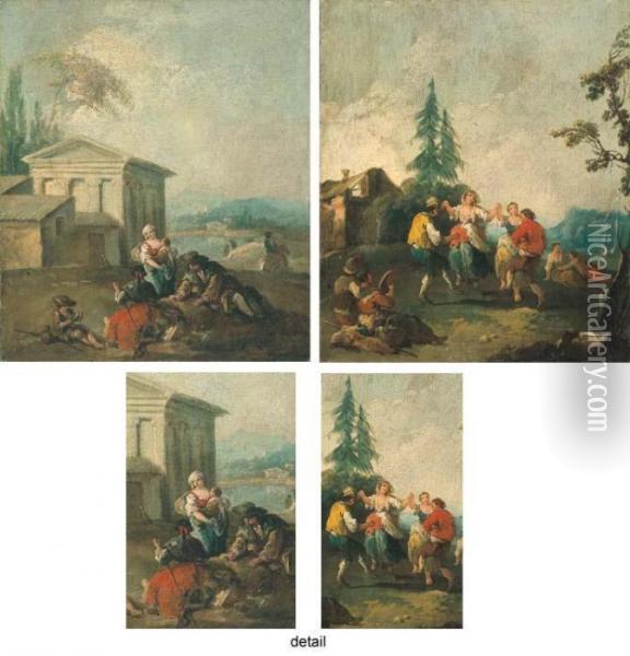 Paysans Se Reposant Pres D'un Lac; Et Paysans Dansant Oil Painting - Francesco Zuccarelli