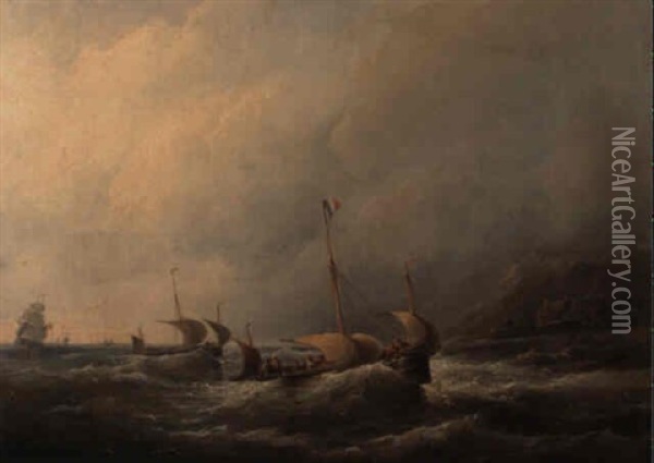 Fishing Vessels Off A Coast In A Stiff Breeze Oil Painting - Christian Cornelis Kannemans