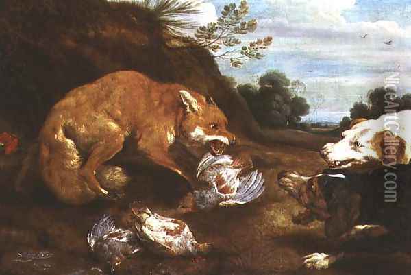 Fox and hounds fighting over partridges Oil Painting - Paul de Vos