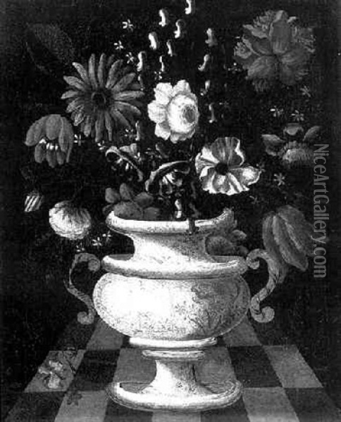Still Life Of Flowers In A Blue And White Vase Oil Painting - Blas de Ledesma Prado