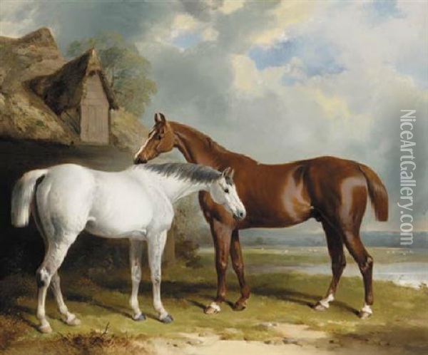 A Grey Hunter And A Chesnut Hunter Beside A Barn In A Landscape Oil Painting - William Barraud