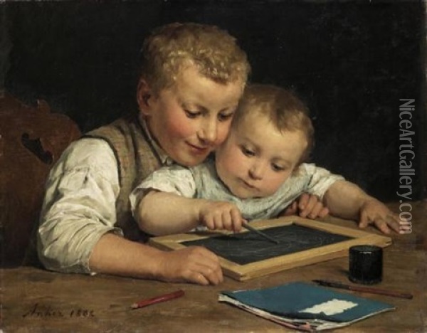 Zwei Kinder Mit Schiefertafel Oil Painting - Albert Anker