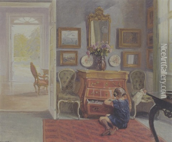 Interior Med Lille Pige, Der Leger Oil Painting - Robert Panitzsch