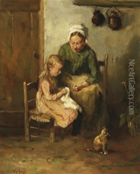 Die Hausarbeitsstunde. Grosmutter Mit Ihrer Enkelin In Der Kuche Oil Painting - Gijsbertus Jan Sijthoff