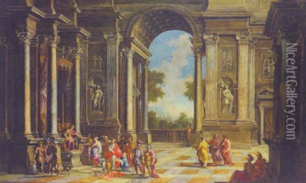 The Interior Of A Classical Palace With Solomon Before The Queen Of Sheba Oil Painting - Giovanni Ghisolfi