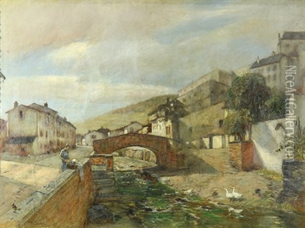 Village With The Bridge Oil Painting - Rudolf Ribarz