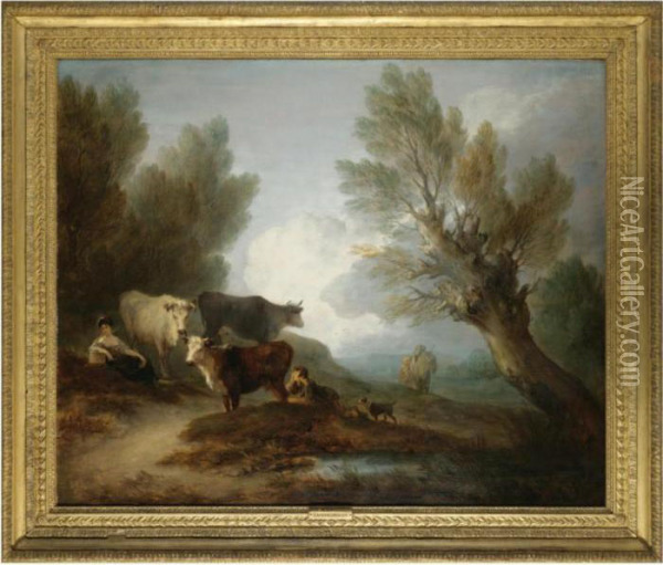 Landscape With Cattle, A Young Man Courting A Milkmaid Oil Painting - Thomas Gainsborough
