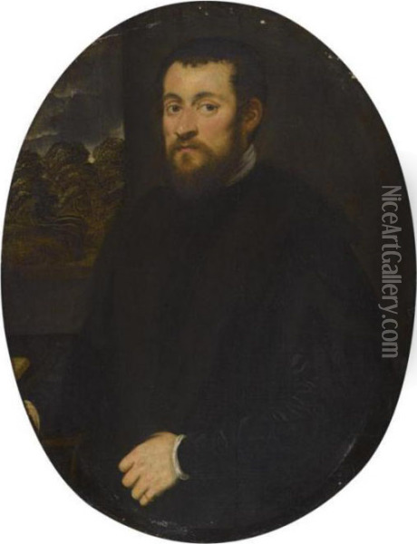 Portrait Of A Gentleman, Half Length, Before An Open Window Oil Painting - Jacopo Robusti, II Tintoretto