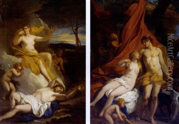 Venus Ja Adonis  - Venus And Adonis (+ Venus Suree Kuollutta Adonista - Venus Mourning The Death Of Adonis; 2 Works) Oil Painting - Louis Cheron