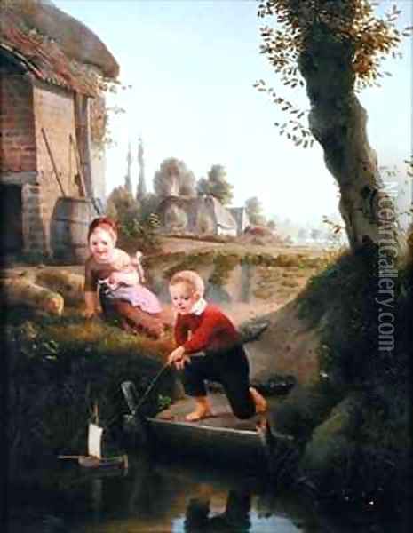 Two children playing with a boat Oil Painting - Antoine de Bruycker
