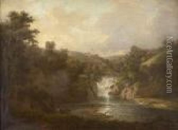 A Wooded River Landscape With Figures By A Waterfall Oil Painting - Alexander Nasmyth