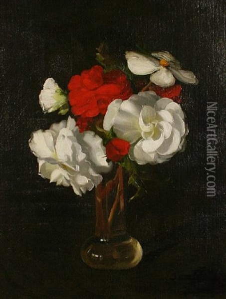 Red And White Flowers In A Glass Vase Oil Painting - Stuart James Park